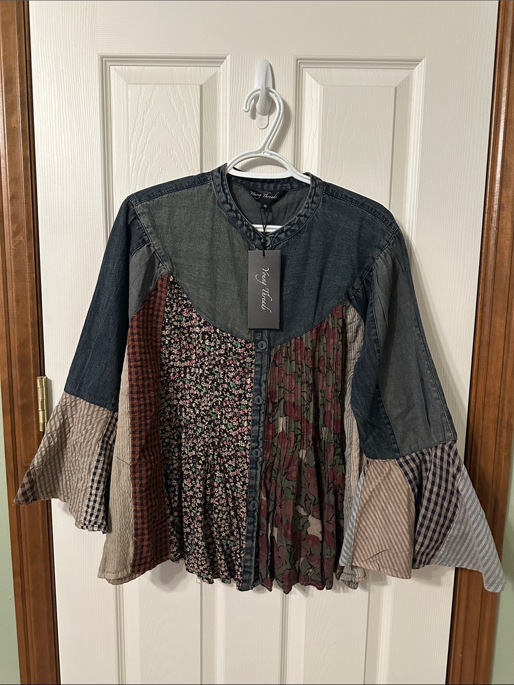 Joy Touch Multi-Print Denim Patchwork Bell-Sleeve Tunic - Multi